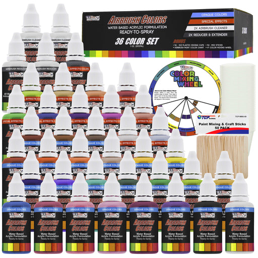 36 Color Acrylic Airbrush Paint Set; Opaque & Pearl Colors plus Reducer, Cleaner, Mixing Supplies & Color Mixing Wheel