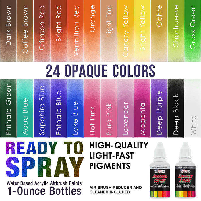 24 Color Acrylic Airbrush Paint Set; Opaque Colors plus Reducer, Cleaner & Color Mixing Wheel, 1 oz. Bottles