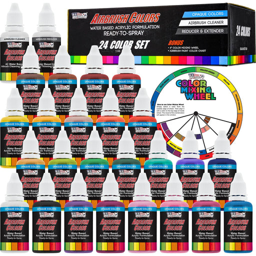 24 Color Acrylic Airbrush Paint Set; Opaque Colors plus Reducer, Cleaner & Color Mixing Wheel, 1 oz. Bottles