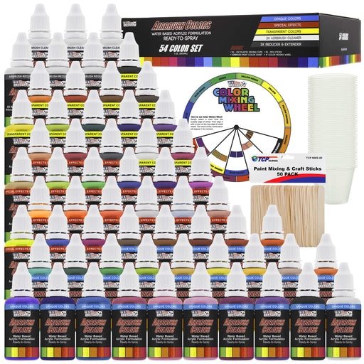 54 Color Acrylic Airbrush Paint Set; Opaque, Transparent, Pearl and Fluorescent Colors plus Reducer, Cleaner, Mixing Supplies & Color Mixing Wheel