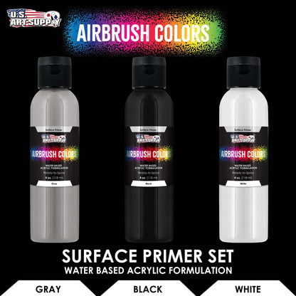Surface Primer Airbrush Paint Set - Black, White, Gray (4 oz) - Acrylic Primer Paint, Water-Based Acrylic Polyurethane for Miniatures, Models, Plastic, Metal, Wood, Canvas, 3D Prints