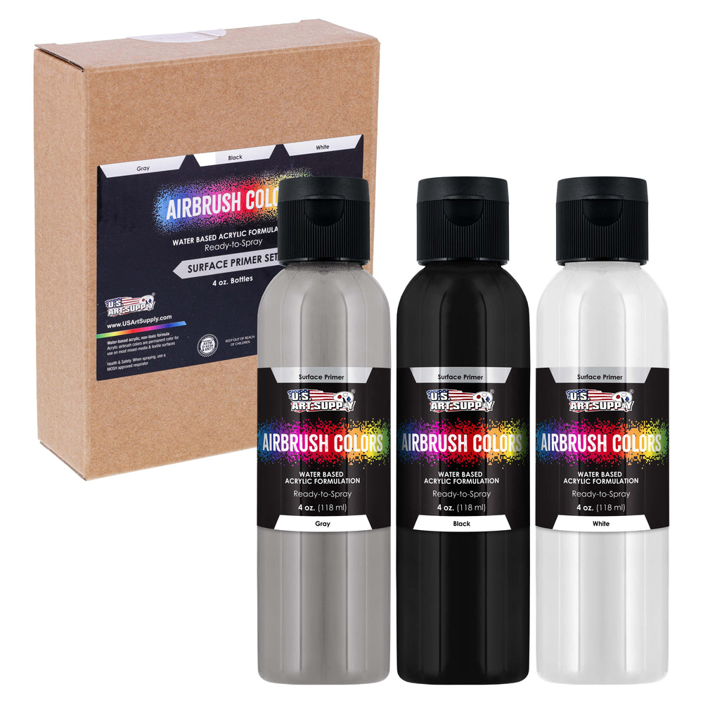 U.S Art Supply Black, White, Gray Surface Primer Airbrush Paint, 3 Color Set, 4 oz - Ready-To-Spray, Water-Based Acrylic Polyurethane - Artist Priming