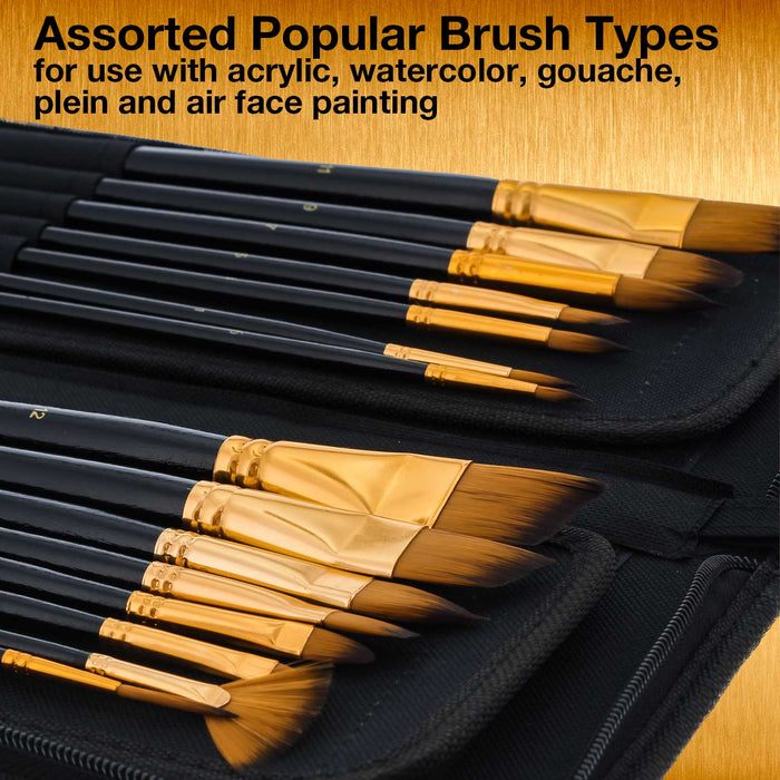 15 Piece Artist Long Handle Paint Brush Set in Zippered Nylon Pop-Up Travel Storage Case