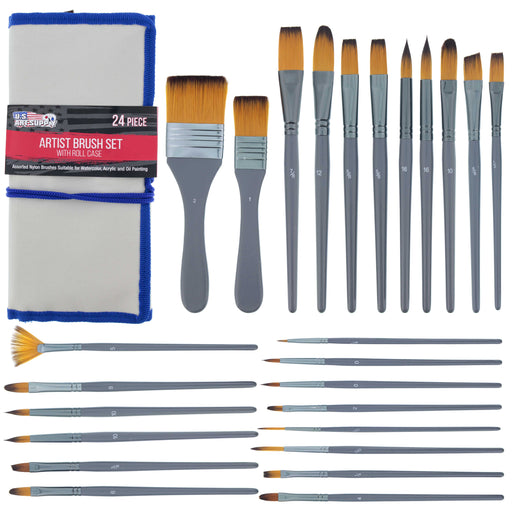 U.S. Art Supply 24-Piece Artist Paint Brush Set, Professional Taklon Synthetic Brushes, Filbert, Painting Portraits, Canvas - Watercolor, Acrylic, Oil