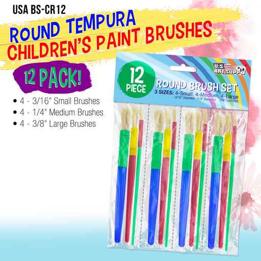 U.S. Art Supply 12-Piece Round Children's Tempera Paint Brush Set in 3 Sizes, 4 Small, 4 Medium, 4 Large - Fun Kid's Party, School, Student, Craft