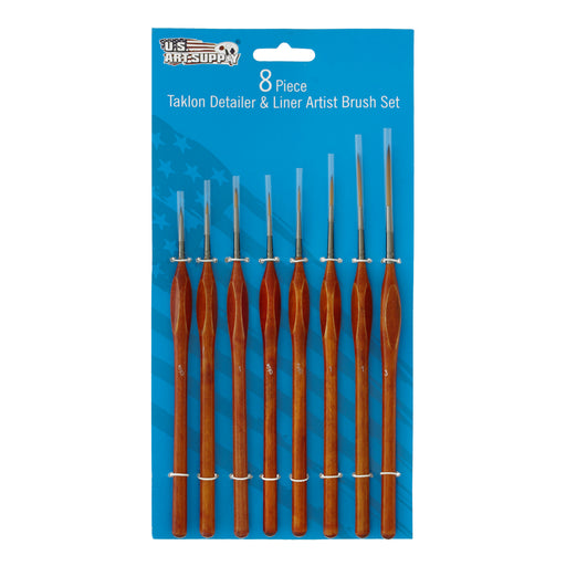 8 Piece Taklon Detail and Liner Artist Brush Set with Wood Comfort Grip Handles - Art, Detailing, Acrylic, Oil, Watercolor