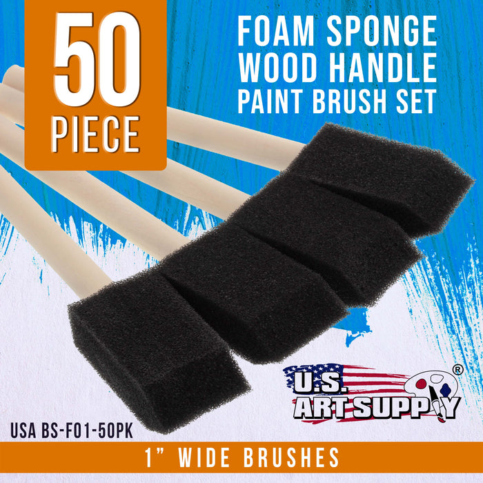 1 inch Foam Sponge Wood Handle Paint Brush Set (Value Pack of 50) - Lightweight, durable and great for Acrylics, Stains, Varnishes, Crafts, Art