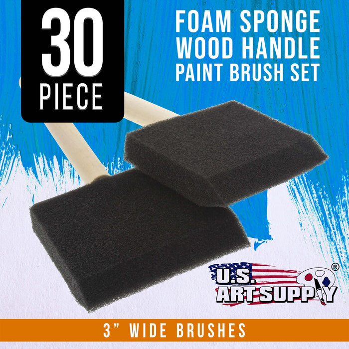3 inch Foam Sponge Wood Handle Paint Brush Set (Super Value Pack of 30) - Lightweight, durable and great for Acrylics, Stains, Varnishes, Crafts, Art