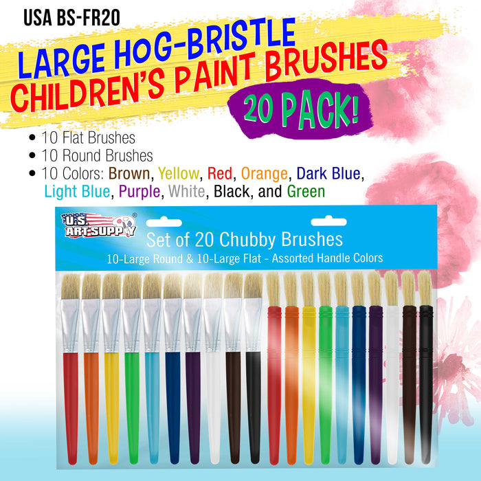 U.S. Art Supply 20-Piece Large Round and Flat Children's Hog Bristle Tempera Paint Brush Set - Fun Kid's Party, School, Student, Class Craft Painting