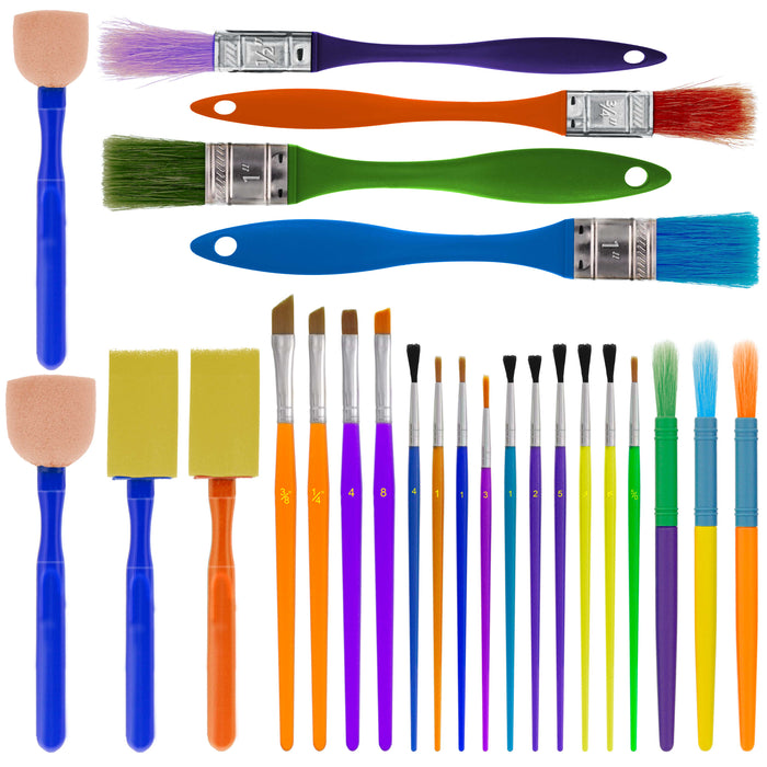 U.S. Art Supply 25-Piece Children's All Purpose Paint Brush Set - 6 Types, Flat, Round, Chip, Mop, Foam Tipped Brushes - Kid's Party, Student Painting