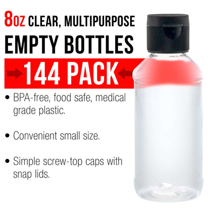 8 ounce Squeeze PET Plastic Bottles with Flip Cap - BPA-free, food safe, medical grade plastic, acrylic pouring paint (Pack of 144)