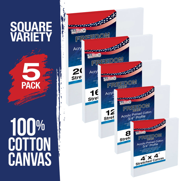 5 Assorted Square Sized Stretched Artist Paint Canvases (5 Pack) 1-each of 20x20", 16x16", 12x12", 8x8", 4x4"