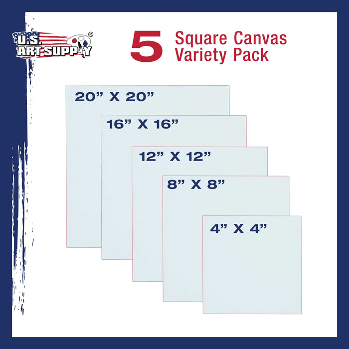 5 Assorted Square Sized Stretched Artist Paint Canvases (5 Pack) 1-each of 20x20", 16x16", 12x12", 8x8", 4x4"