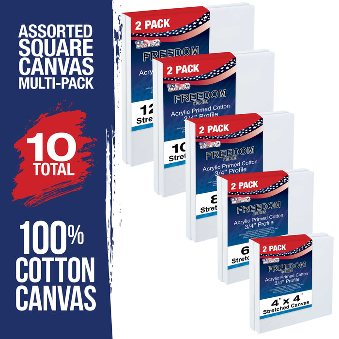 Professional Quality SQUARES 12oz Primed Gesso Artist Stretched Canvas Multi-pack (This Kit Is for 2 EACH OF 4x4, 6x6, 8x8, 10x10, 12x12)