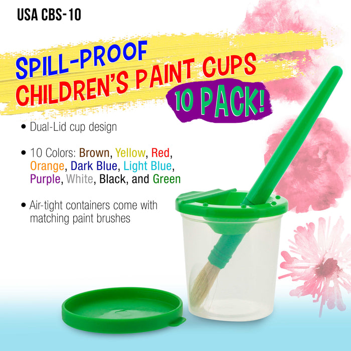 10 Piece Children's No Spill Paint Cups with Colored Lids and 10 Piece Large Round Brush Set with Plastic Handles