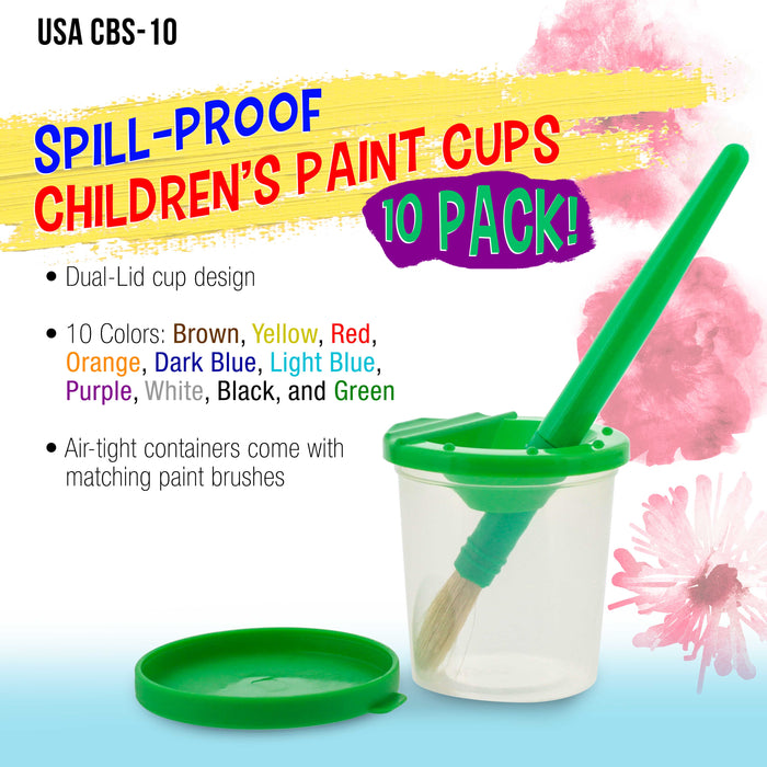 10 Pack No Spill Paint Cups Set with Brushes - Spill Proof Paint Cups with  Lids
