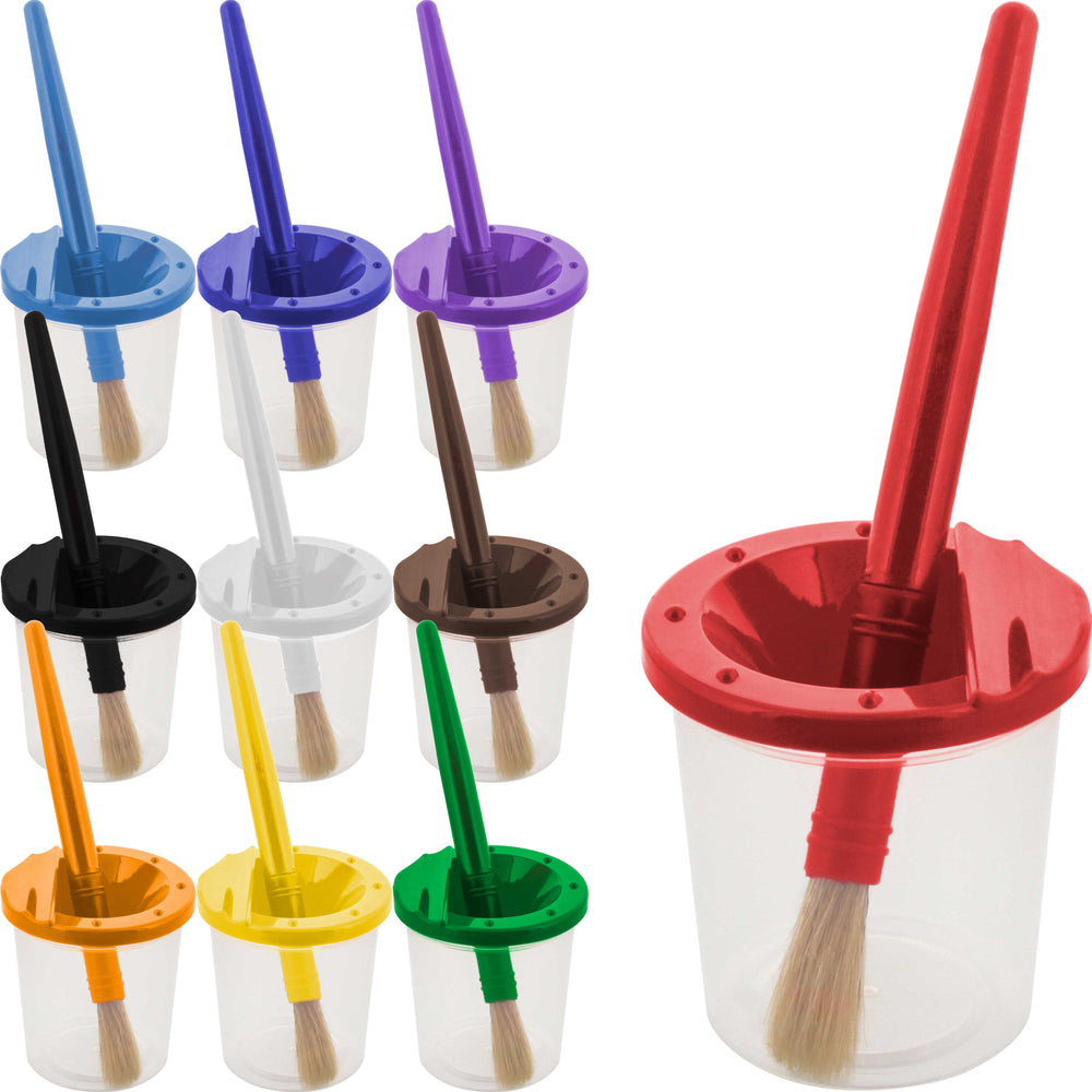 10 Piece Children's No Spill Paint Cups with Colored Lids and 10 Piece Large Round Brush Set with Plastic Handles