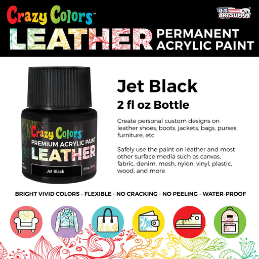 Jet Black Premium Acrylic Leather and Shoe Paint, 2 oz Bottle - Flexible, Crack, Scratch, Peel Resistant - Artist Create Custom Sneakers, Jackets, Bags, Purses