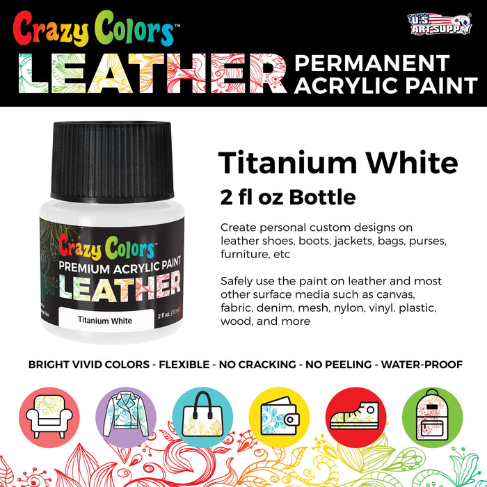 Titanium White Premium Acrylic Leather and Shoe Paint, 2 oz Bottle - Flexible, Crack, Scratch, Peel Resistant - Artist Create Custom Sneakers, Jackets, Bags, Purses