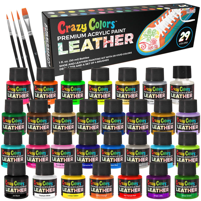 Premium Acrylic Leather and Shoe Paint Kit, 29 Colors, Deglazer, 4-Piece Brush Set - 1 oz Bottles, Opaque, Metallic, Neon - Flexible, Scratch Resistant - Custom Sneakers