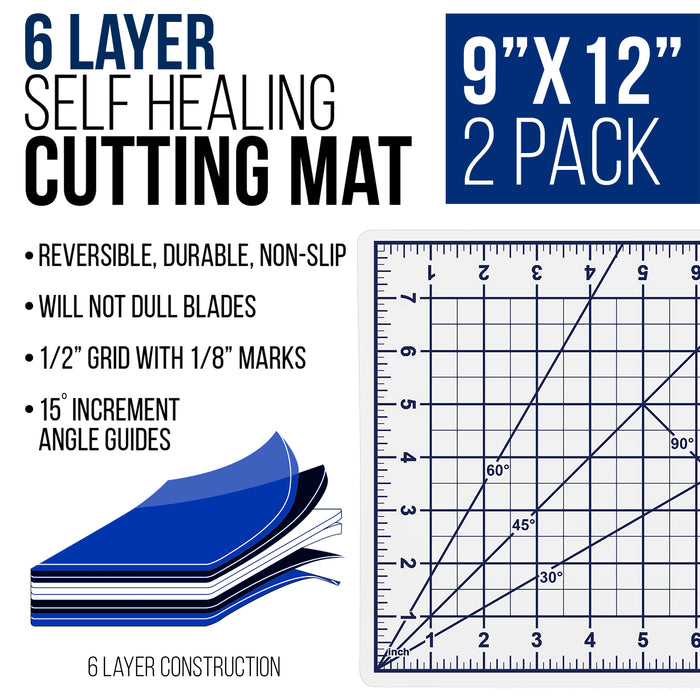 9" x 12" White/Blue Professional Self Healing 5-6 Layer Double Sided Durable Non-Slip Cutting Mat - Pack of 2