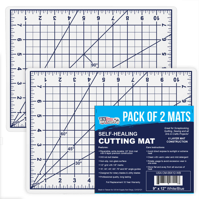 9" x 12" White/Blue Professional Self Healing 5-6 Layer Double Sided Durable Non-Slip Cutting Mat - Pack of 2