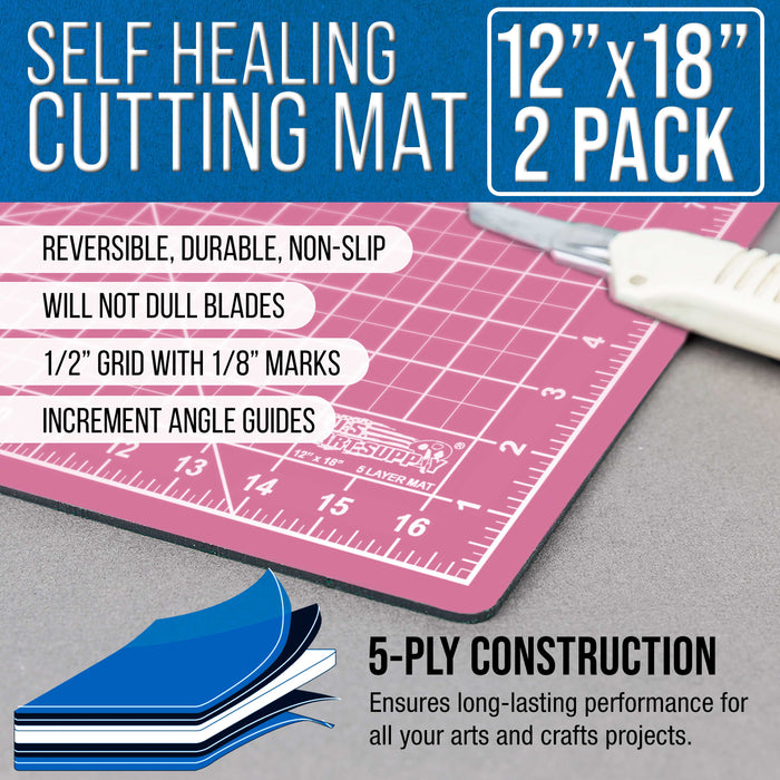 12" x 18" Pink/Blue Professional Self Healing 5-Ply Double Sided Durable Non-Slip Cutting Mat - Pack of 2