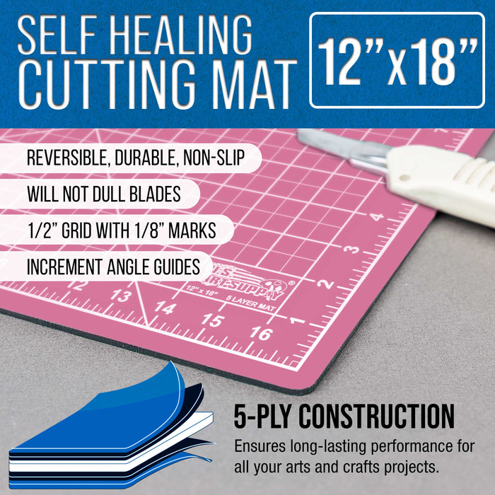 12" x 18" Self-Healing Cutting Mat 5-Ply - Double-Sided Pink/Blue Craft Mat, Non-Slip Cutting Mats for Crafts, Sewing, Quilting, Scrapbooking