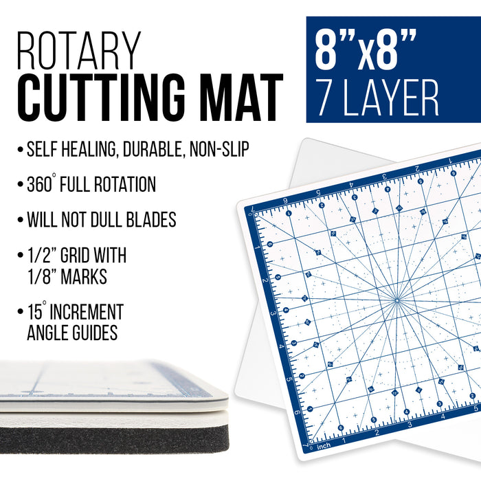 8" x 8" Rotary White/Blue High Contrast Professional Self Healing 7-Layer Durable Non-Slip Cutting Mat Great for Scrapbooking, Quilting, Sewing