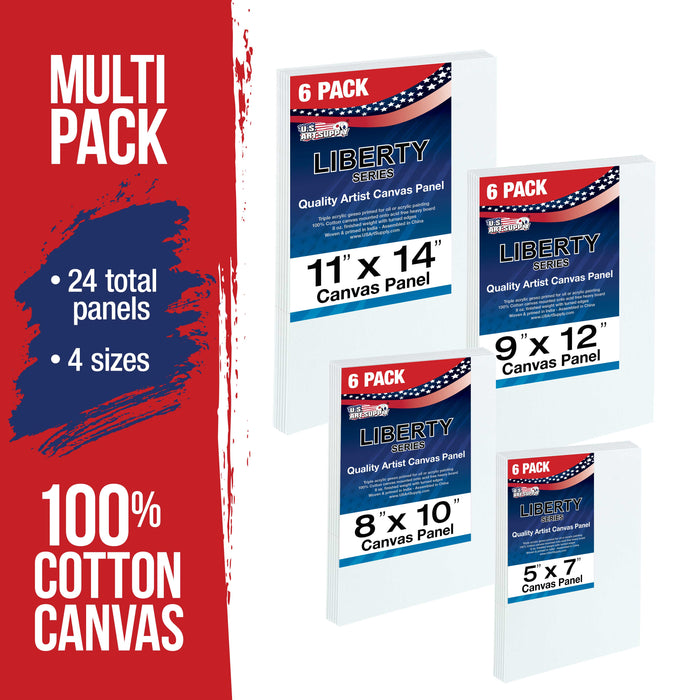 Multi-Pack 6-Ea of 5 x 7, 8 x 10, 9 x 12, 11 x 14 inch. Professional Quality Medium Artist Canvas Panel Assortment Pack (24 Total Panels)