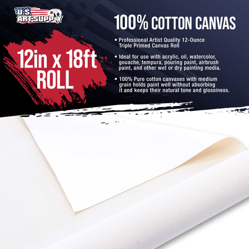 U.S. Art Supply 12" Wide x 6 Yards (18 Feet) Long Unstretched Canvas Roll - 100% Cotton, 12-Ounce Triple Primed Gesso, Acid-Free, Oil Acrylic Painting