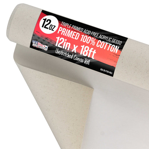 U.S. Art Supply 12" Wide x 6 Yards (18 Feet) Long Unstretched Canvas Roll - 100% Cotton, 12-Ounce Triple Primed Gesso, Acid-Free, Oil Acrylic Painting