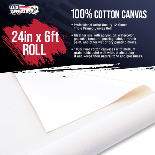 U.S. Art Supply 24" Wide x 2 Yards (6 Feet) Long Unstretched Canvas Roll - 100% Cotton, 12-Ounce Triple Primed Gesso, Acid-Free - Oil Acrylic Painting