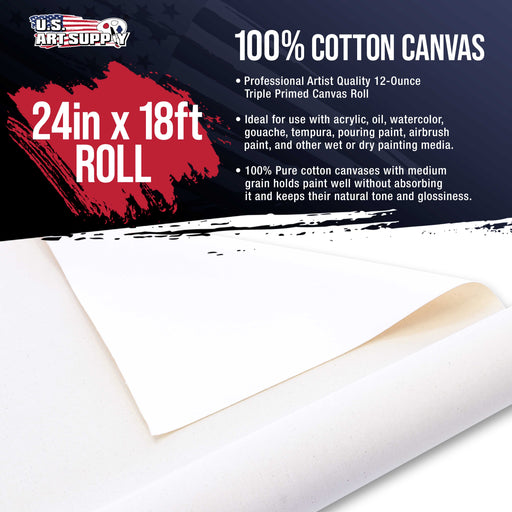 U.S. Art Supply 24" Wide x 6 Yards (18 Feet) Long Unstretched Canvas Roll - 100% Cotton, 12-Ounce Triple Primed Gesso, Acid-Free, Oil Acrylic Painting