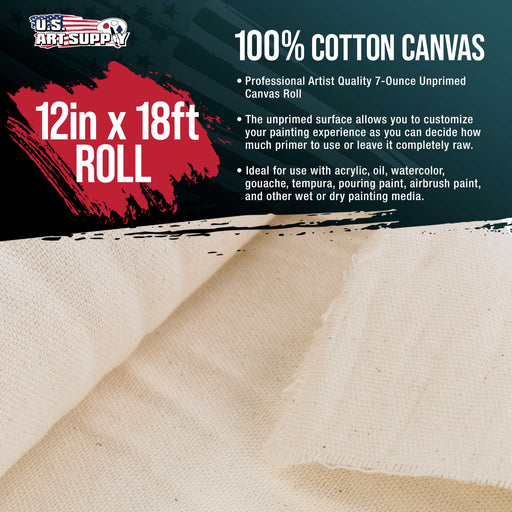 U.S. Art Supply 7-Ounce Unprimed 12" Wide x 6 Yards (18 Feet) Long Unstretched Canvas Roll - 100% Cotton, Woven - Oil & Acrylic Painting, Murals