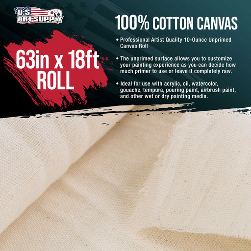 U.S. Art Supply 10-Ounce Unprimed 63" Wide x 6 Yards (18 Feet) Long Heavyweight Unstretched Canvas Roll - 100% Cotton - Oil & Acrylic Painting, Murals