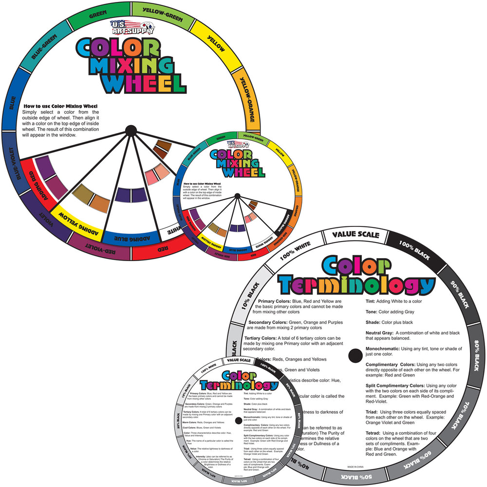 4" and 8" Color Mixing Wheel Set - 2 Double Sided Color Mixing Guides - Mix Art Craft Paint Colors - Artist Primary, Secondary & Gray Shades