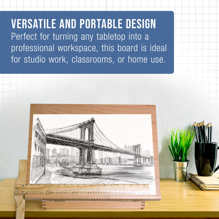 Large 20-1/2" x 17" Adjustable Wood Art Drawing Board - 5 Angles, Beechwood Construction, Pencil Ledge & T-Square - Perfect for Designing, Drafting, Sketching & Architecture Work