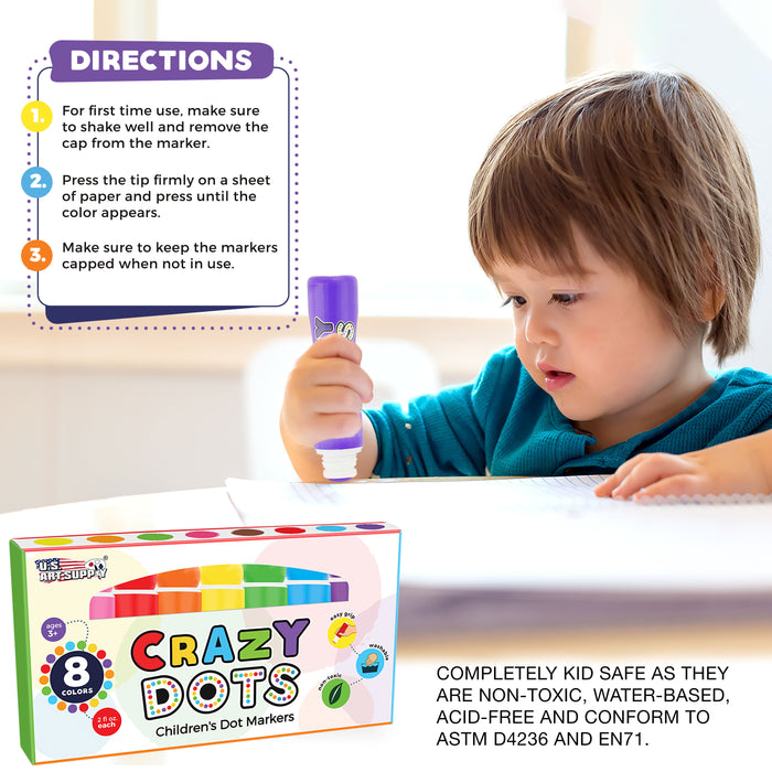 8 Color Crazy Dots Markers - Children's Washable Easy Grip Non-Toxic Paint Marker Daubers