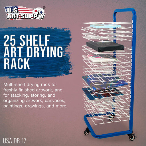 U.S. Art Supply 25 Shelf Art Drying Rack for Classrooms and Studios - Mobile Wheels, Wall Mountable, 25 Removable Shelves - Stack Store Artwork