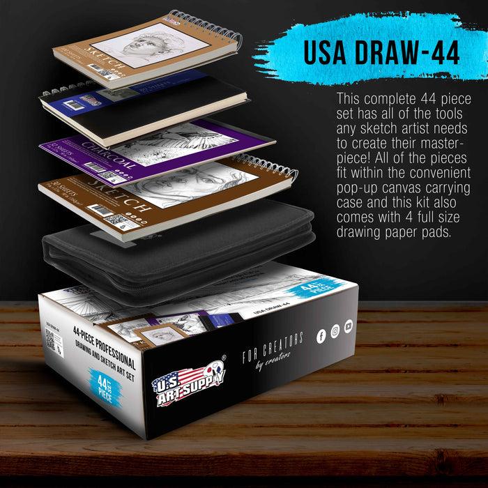 44-Piece Drawing & Sketching Art Set with 4 Sketch Pads - Professional Artist Kit, Graphite, Charcoal, Pastel Pencils & Sticks, Case