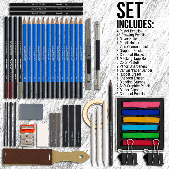 54-Piece Drawing & Sketching Art Set with 4 Sketch Pads - Ultimate Artist Kit, Graphite and Charcoal Pencils & Sticks, Pastels, Case