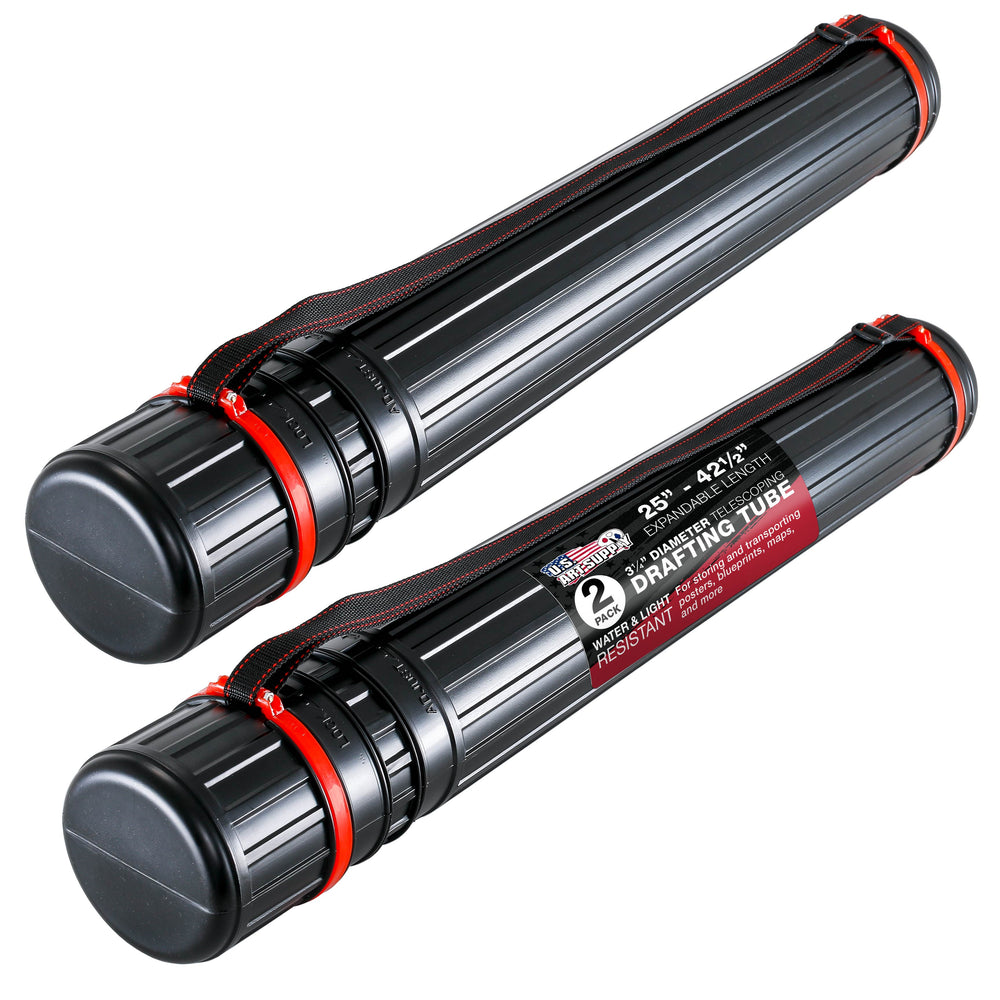 Black Telescoping Drafting Tube (Pack of 2) - 3-1/4" Outside/2-7/8" Inside Diameter, Expands 25" to 42-1/2", Durable Protection with Shoulder Strap - Ideal for Posters, Blueprints, Art