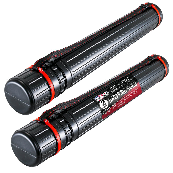 Black Telescoping Drafting Tube (Pack of 2) - 3-1/4" Outside/2-7/8" Inside Diameter, Expands 25" to 42-1/2", Durable Protection with Shoulder Strap - Ideal for Posters, Blueprints, Art