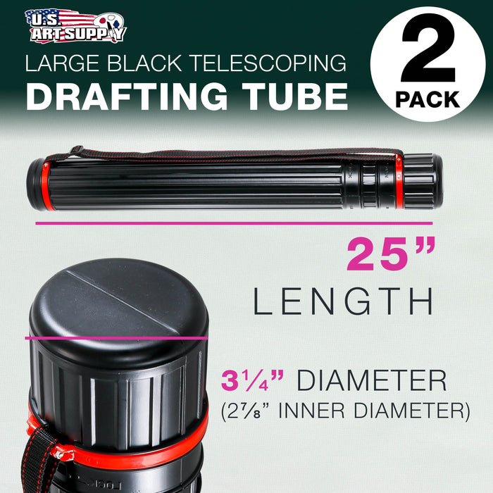Black Telescoping Drafting Tube (Pack of 2) - 3-1/4" Outside/2-7/8" Inside Diameter, Expands 25" to 42-1/2", Durable Protection with Shoulder Strap - Ideal for Posters, Blueprints, Art