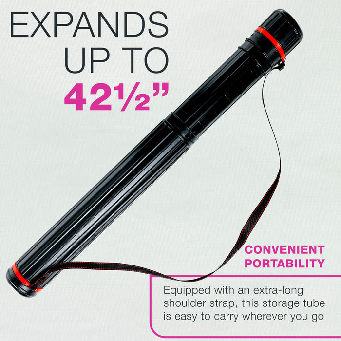 Black Telescoping Drafting Tube (Pack of 2) - 3-1/4" Outside/2-7/8" Inside Diameter, Expands 25" to 42-1/2", Durable Protection with Shoulder Strap - Ideal for Posters, Blueprints, Art