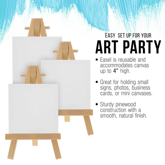 2" x 2" Stretched Canvas with 5" Mini Natural Wood Display Easel Kit, 12 Pack - Artist Tripod Tabletop Holder Stand - Kids Painting Party Oil Acrylic