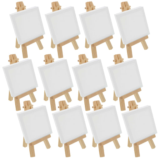 2" x 2" Stretched Canvas with 5" Mini Natural Wood Display Easel Kit, 12 Pack - Artist Tripod Tabletop Holder Stand - Kids Painting Party Oil Acrylic