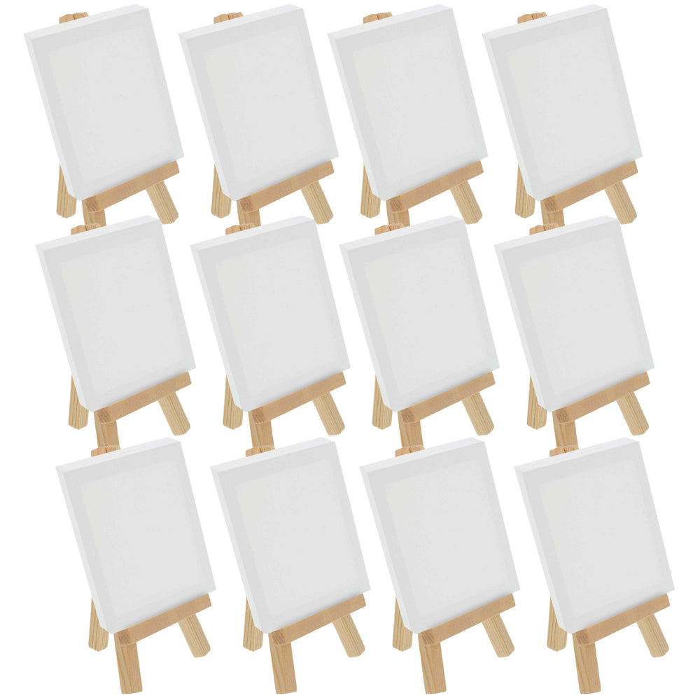 2" x 3" Stretched Canvas with 5" Mini Natural Wood Display Easel Kit, 12 Pack - Artist Tripod Tabletop Holder Stand - Kids Painting Party Oil Acrylic