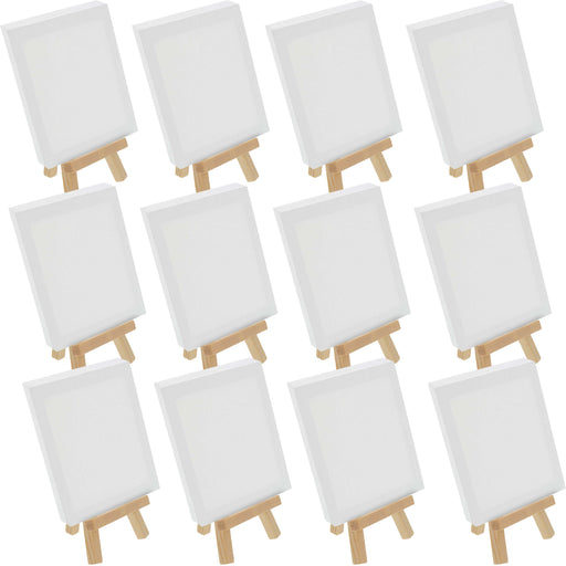 4" x 6" Stretched Canvas with 8" Mini Natural Wood Display Easel Kit (Pack of 12), Artist Tripod Tabletop Holder Stand - Painting Party, Oil Acrylic